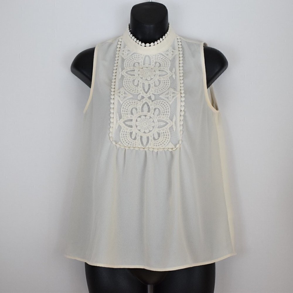 Monteau Sleeveless Embroidered Bib Blouse Womens S Ivory Modest‎ High Neckline